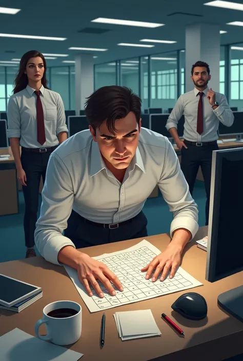 A male office worker doing Sudoku on his desk while two co-workers look at him with mocking expressions from a distance