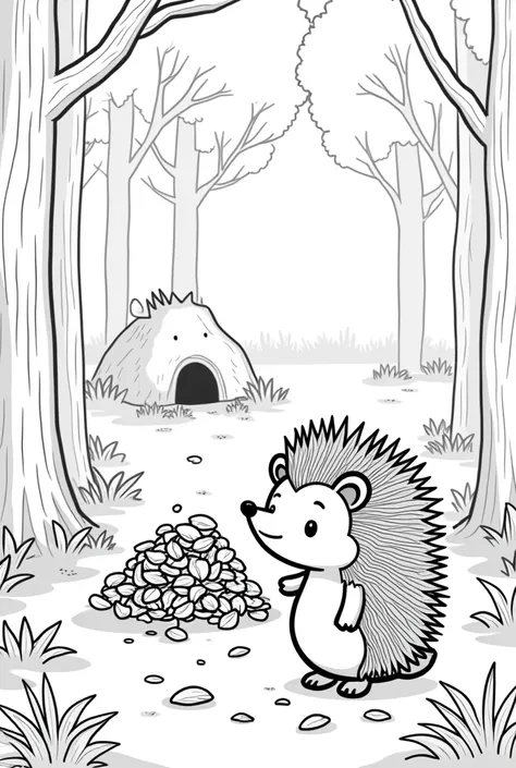  a small hedgehog named Henry, with a thorny brown fur, standing in a forest full of trees . Henry uses his thorns to push a pile of leaves towards the rabbit hole .  In the background, there is a happy rabbit standing near the burrow. He thanks Henry .  I...