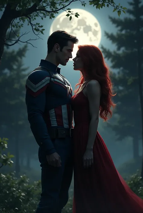 Mary Jane and Captain America together in a park, their postures close but with an air of secrecy. The moonlight highlights their figures in a frightening way