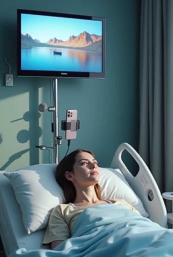 A bedridden patient and a television above the patients bed Phone holder with a rod extending from the side of the patients bed to the front of the patients head And an iphone brand phone attached to the phone holder