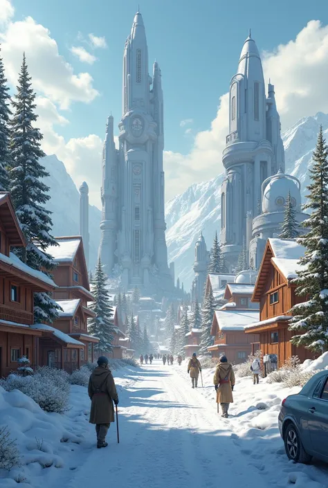  Make a place with snow but with a city with wooden houses but also buildings being a technological city make some people cut wood or work, Also make cars and androids  