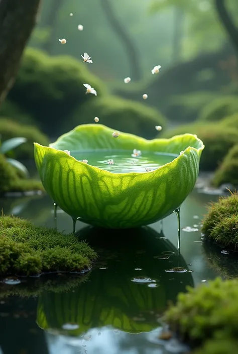 A plant with bowl-shaped leaves with water inside and floating seeds 