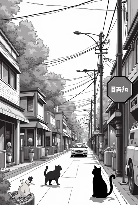 Manga wallpaper very detailed , shop and cars and stop sign and cats and bird and lamposts , outlines should be there and only white filling.