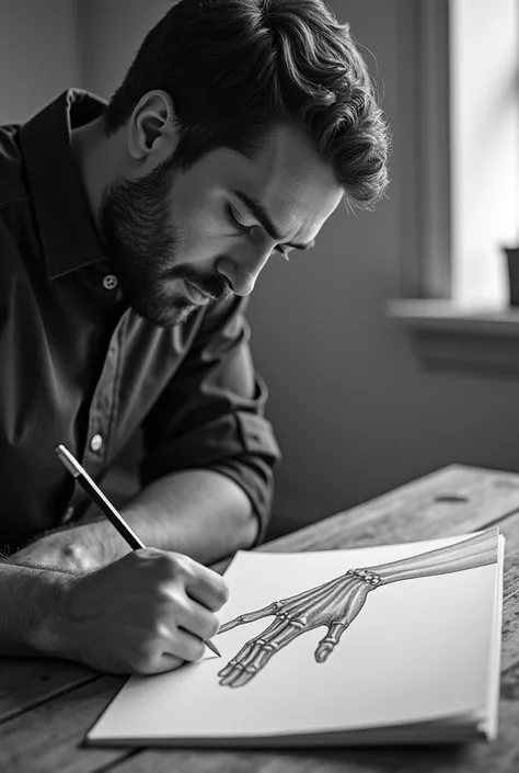 A man drawing a sketch of a women hand with lencil