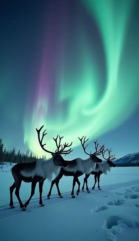 A group of majestic reindeer walking gracefully across a snowy landscape under a stunning aurora borealis. The sky is filled with vibrant, swirling colors of green, purple, and blue, with countless stars twinkling above. The snow-covered ground sparkles in...