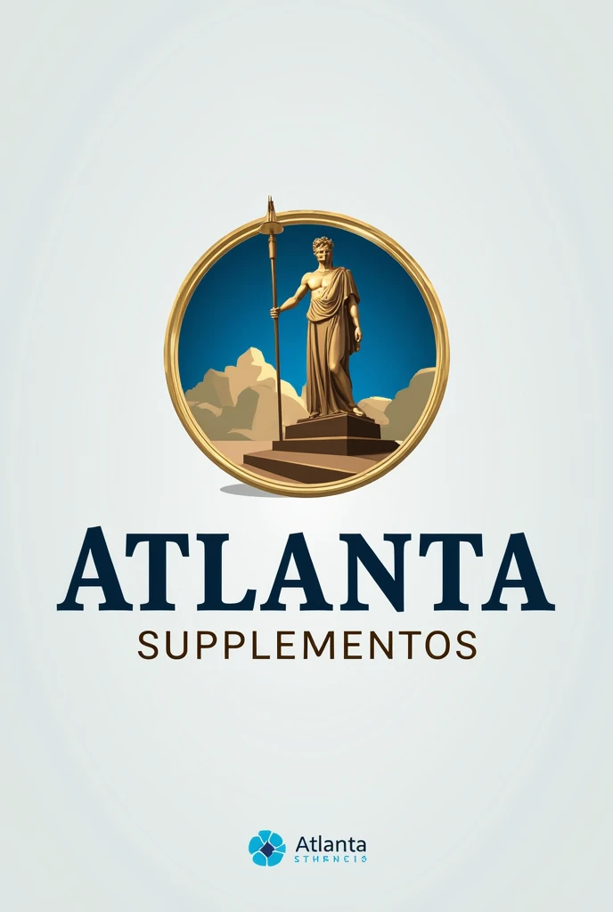 Logo design for a brand named Atlanta Suplementos. The design features a modern and minimalist illustration inspired by Atlas, symbolizing strength and support. The logo uses gold and blue tones to convey elegance and trust. The background is clean with a ...