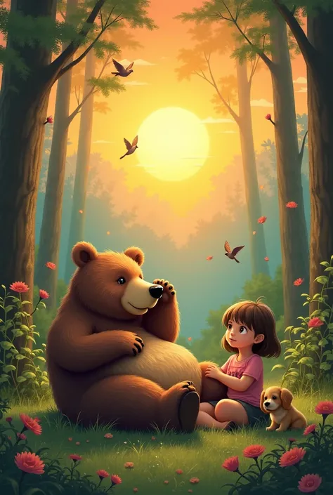 A bear on his back with a girl and a small dog in the forest birds fly around the plant and the sunset