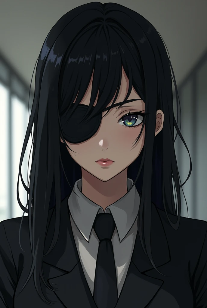 Black-haired woman in an office workers suit ,  with a patch on her eye and a look worthy of a yandere 