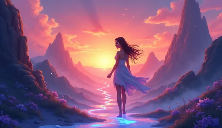 The woman walking through a mystical landscape, the ground glowing beneath her feet, and a beautiful sunrise in the distance."ai cartoon image"