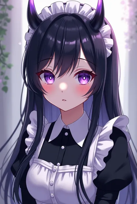 Anime girl with three harmless horns on her head, black hair and somewhat long ,  purple eyes and pale skin , dressed as a maid