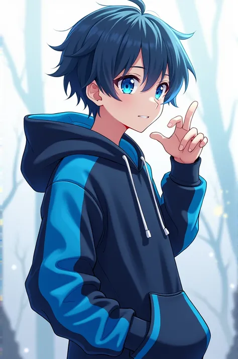 Make a anime boy with blue and black hoodie, with blue eyes, and hand free