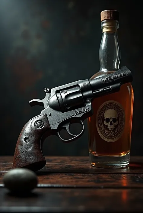 A gun with a skull pattern and a whiskey bottle next to it