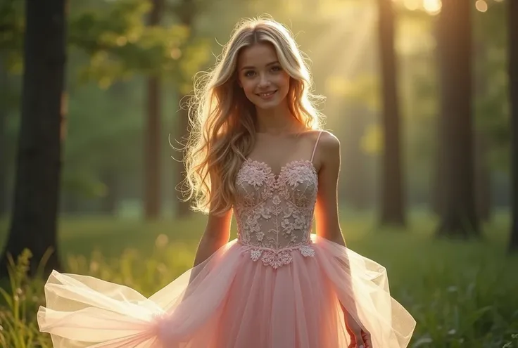 25-years-old european female bimbo, Flowing fairy-tale-inspired dress with layered tulle or chiffon, inside forest, smiling, perfect eyes,