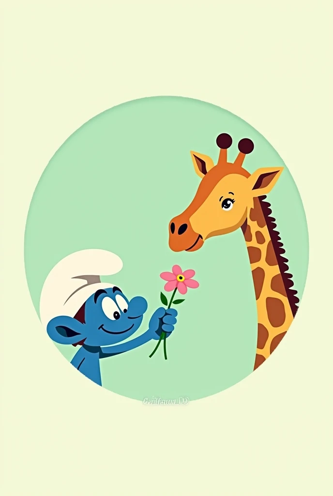 Create a vector image with a light green circle in which inside there is a giraffes head and the head of a Smurf giving a flower to the giraffe