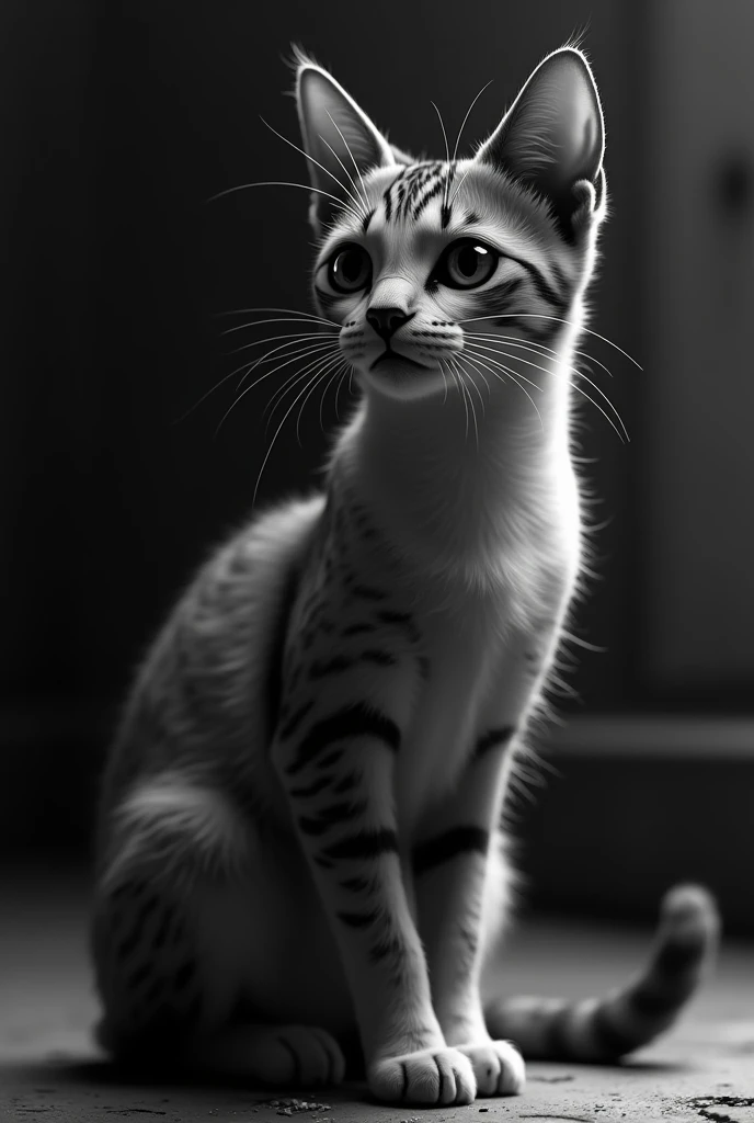 Create a black and white image of a cat animal but with delicate and sly features