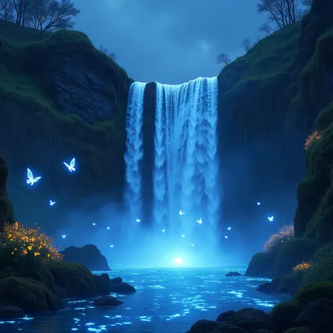 A towering waterfall cascading glowing liquid light into a crystal-clear pool. The surrounding cliffs are covered in bioluminescent plants, and glowing butterflies flutter through the mist, creating an ethereal, magical atmosphere.