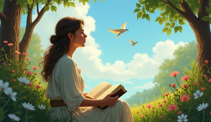 illustration: Mary in the garden, with the Bible open, breathing deeply while listening to the birds singing.
________________________________________