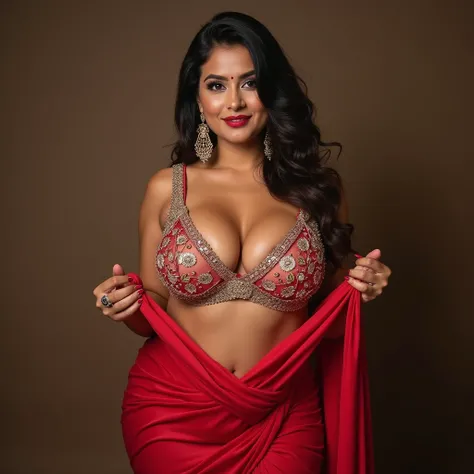 a busty crvy woman (face shape is looking like indian actress cute, gorgeous, trendy, with large juggs (enormous, huge lifted curvy chest) , voluptous, nudity, very sexy) in a revealing shampange color fancy gown saree (designer, deep(very huge) neckline, ...