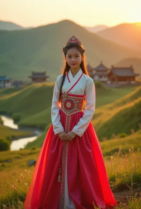 Photo in Korean historical drama, Joseon era, a Thai girl wearing a traditional Korean princess hanbok, Joseon era, Santa Claus color, standing and smiling in the sunlight in the Korean countryside.