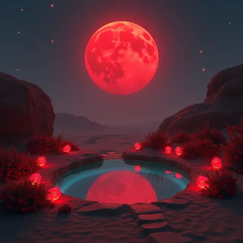 A tranquil desert oasis illuminated by a massive crimson moon. The waters reflect the moons eerie glow, while glowing red roses and shimmering fireflies surround the pool, adding a surreal touch.