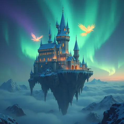 A castle suspended in the sky, surrounded by swirling auroras of vibrant greens, blues, and purples. The castle towers shimmer with icy crystals, and flying creatures resembling glowing phoenixes circle its spires.