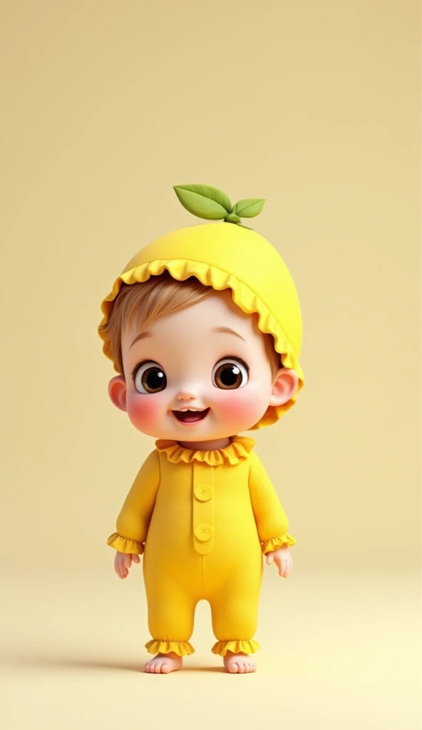 a cute baby standing up wearing a lemon