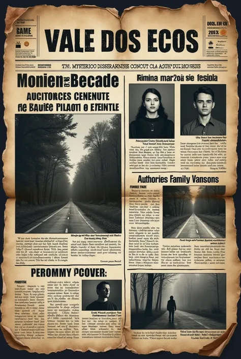 A RPG animation, modern newspaper front page from the fictional city of Vale dos Ecos, designed in the style of contemporary local newspapers. The layout should include a bold headline such as Mysterious Disappearances Continue to Haunt Vale dos Ecos or An...