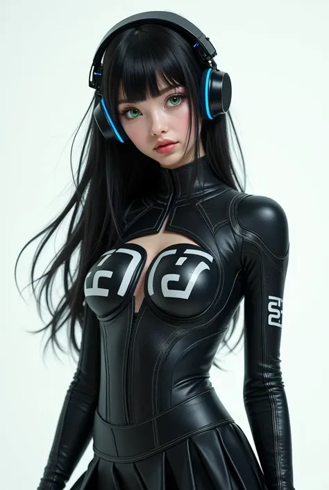 ((NSFW:0.1)),(((realistic photograph:2))),(((fully focused on the girl:2))),(((realistic girl:2))),((fully focused model: 2)),Attractive 16-year-old girl with long black hair, white skin,green eyes,pink lips and cheeks who wears a futuristic latex and blac...