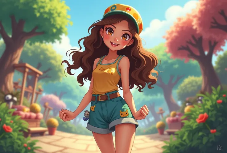 Girl with long curly brown hair brow eyes 164 cm height 50 kg weight created in pokemon go style