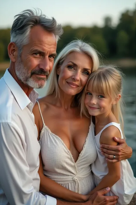  indecent family photo of a sexy 60-year-old mother, father , son  and daughter  in nature near the lake .  Everyone looks at the camera .  mothers clothes are light provocative with a deep cleavage in an indecent position, leaning in front of his son. son...