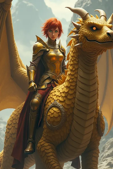 A warrior, gold female dragon, in armour, with green eyes and short red hair