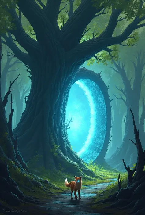 A burnt forest in the middle with a large tree in which there is a beautiful portal and a green forest with a fox and blue light emanates from the portal