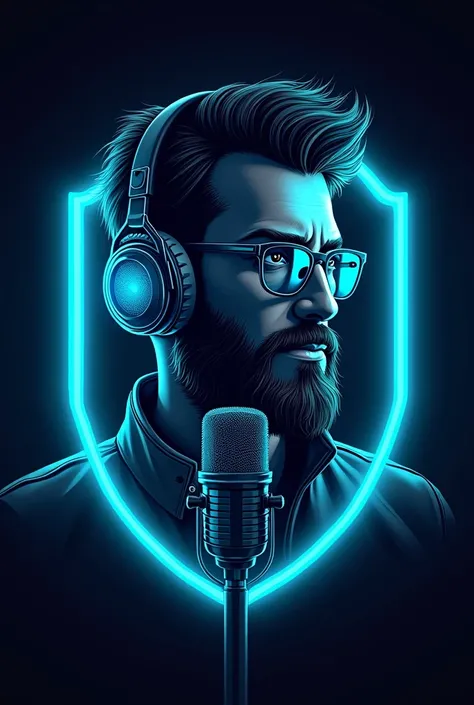 Transparent mask logo with outer outlines, blue neon style, handsome bearded man with glasses punk podcast microphone headphones looking forward