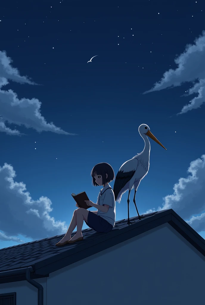 A Japanese high school girl with a bob haircut and a stork are sitting together on the rooftop of a modern Japanese house at night, both engrossed in reading books. The night sky is filled with stars and clouds.