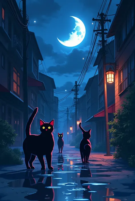 A nice dark wallpapr with the moon and cats , anime style ..water puddles and street lamp lit , outlines should be there use any color manga style