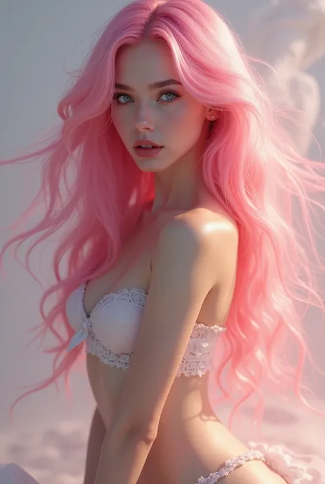 A woman with wavy pink hair with a beautiful body