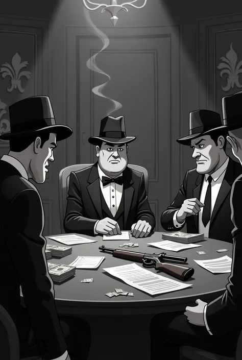 Mafia the godparents in a room meeting with weapons and money animated black and white cartoon 