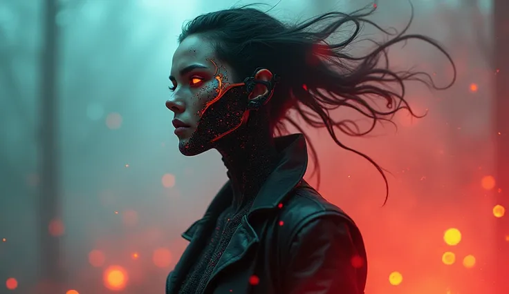 (cyborg woman) bold, menacing look. “It’s a full-length shot, from head to toe, full-length. Wide field of view, centered, frameless” full-length view.  Best quality. visual fashion, gothic. Yoshitaka Amano, Quentin Mutch, colorful fog. Hannahs daughter, f...