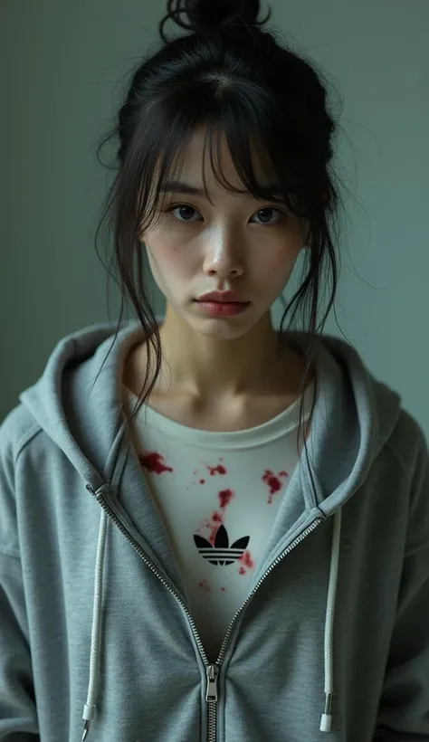 Headshot Japanese woman wearing a half zipper hoodie wearing an adidas t-shirt has blood on her nipples