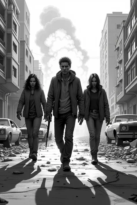 Post-apocalyptic film titled "Z Virus" . Three survivors of a zombie apocalypse in a ruined city with an explosion in the background. Black and white sketch style