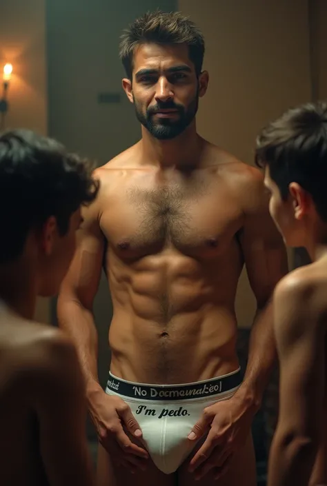 Sexy and mature 30-year-old Arab man  ,   brown hair ,  with slightly dark skin ,  with front view ,   with medium beard  ,  mel-eyed ,   smiling, ShirtleSS, movie set  ,  He is wearing only underwear ,   your volume appears on your underwear  ,   written ...