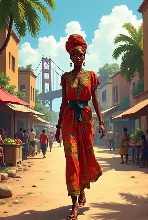 African lady walking in African city near the local bridge 
 Make it more realistic 