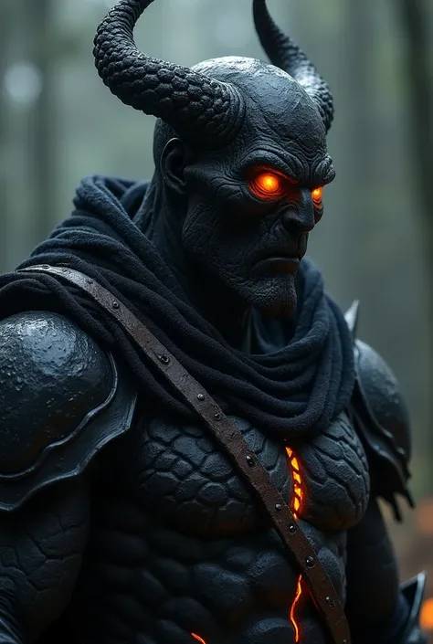  Lets see I want you to create a dark warrior for me who is completely dark with orange eyes without horns and with armor, That looks like a boss from a video game but I want the character to be super detailed and with a lot of texture 