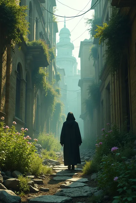 Panki walking through the ruined city ,  buildings with moss and flowers in their rubble 