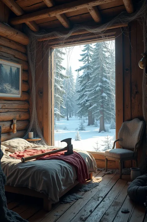 Create a wooden room with a window and that outside there is a snowy forest and on the bed there is an axe and the room is with cobwebs 