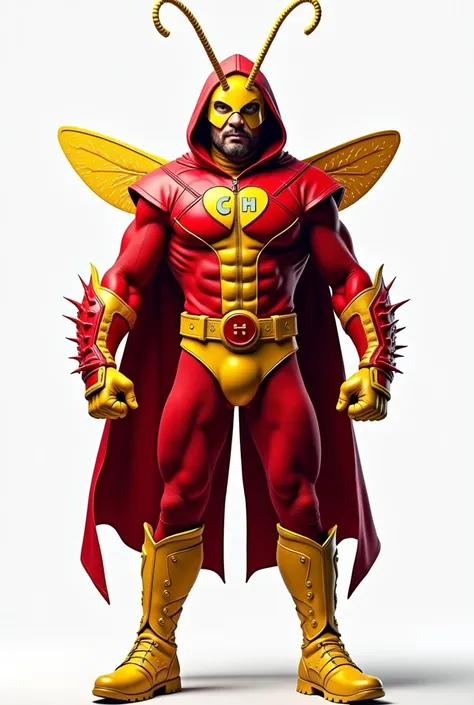 A man with a red hoodie a yellow visor a red colan costume with a red belt with a yellow underwear yellow locust boots and a cloak of grasshopper wings and prickly red shoulder pads and red and yellow antennas on his head with a red vest on the back with a...