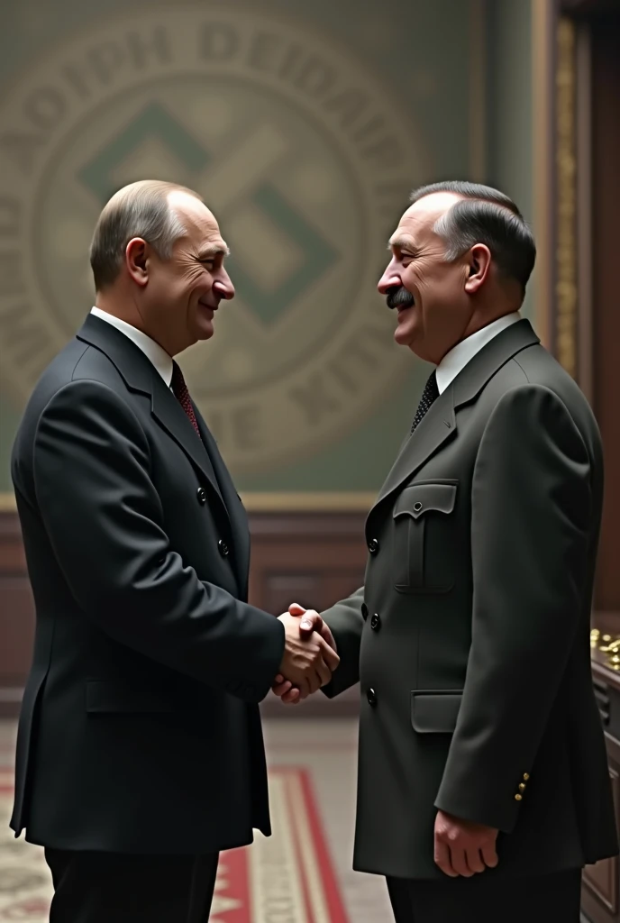 Draw Putin and Hitler standing upright, with slight smiles, shaking hands.

