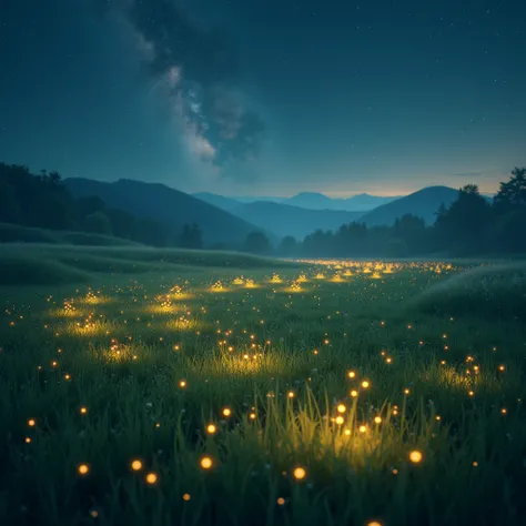 A meadow alive with countless glowing fireflies that form patterns resembling constellations. The sky above mirrors the scene, creating a surreal connection between the ground and the heavens.