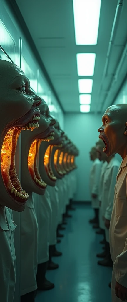 a cinematic scene of A Rows of tanks reveal disembodied heads, their mouths locked in unnatural grimaces, teeth bared and yellowed. The scientists recoil as one head twitches violently, its neck stump pulsating with an eerie, unnatural rhythm.