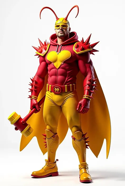 A man with a red hoodie a yellow visor a red colan costume with a red belt with yellow underwear yellow boots like grasshoppers and a cloak of grasshopper wings and prickly red shoulder pads and red and yellow antennas on his head with a red vest on the ba...